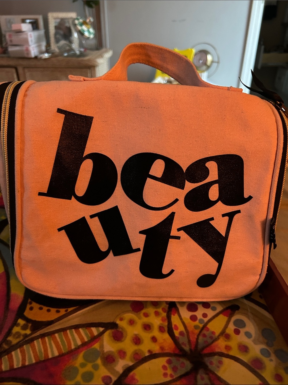 Canvas Beauty Travel Cosmetic Bag - Pink with Beauty in Black ELLE